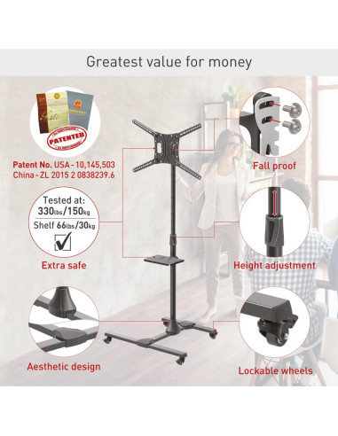 Suport Mobil de podea pentru TV plat/curbat Barkan + raft metal Suport Mobil de podea pentru TV plat/curbat Barkan + raft metal