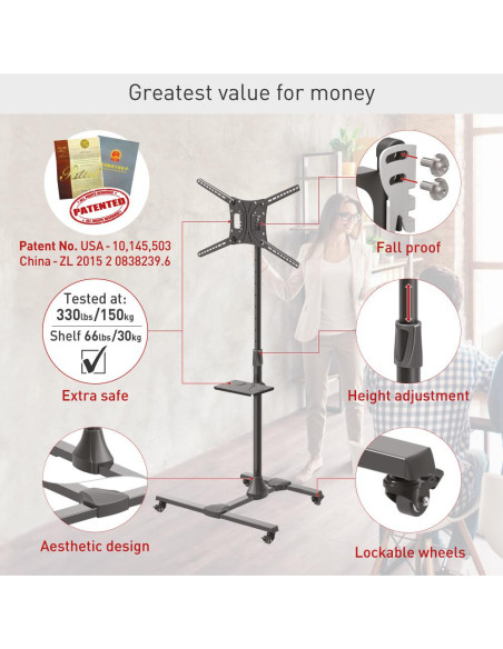 Suport Mobil de podea pentru TV plat/curbat Barkan + raft metal Suport Mobil de podea pentru TV plat/curbat Barkan + raft metal