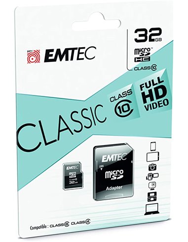 MicroSDXC Emtec, 32GB, Clasa 10 UHS-I, R/W 20/12 MB/s, include adaptor SD, (pentru