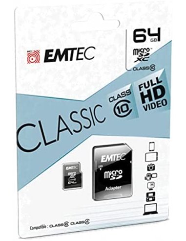 MicroSDXC Emtec, 64GB, Clasa 10 UHS-I, R/W 20/12 MB/s, include adaptor SD, (pentru