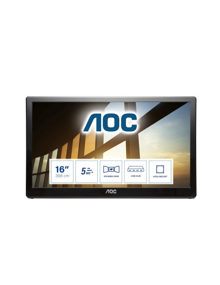 Monitor portabil 15.6" AOC I1659FWUX, FHD 1920*1080, 60 Hz, WLED, IPS, 16 9, 5 ms, 220 cd  mp, 700 1, 160 160, USB, Negru