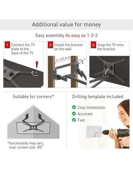 Suport TV plat/curbat de perete cu 2 brate Barkan BM464XL, 13"-