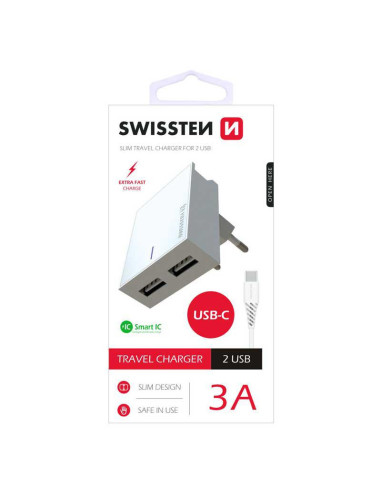 Swissten Smart IC / Set incarcator+Cablu USB to Type-C, 2xUSB