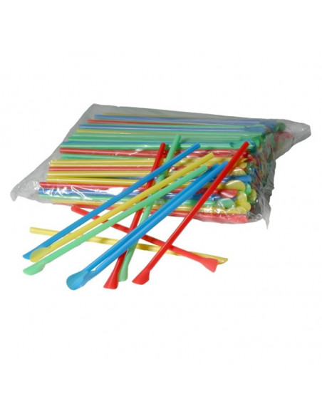 Set Paie Drepte din Plastic cu Lingurita diverse culori, 205 x Set Paie Drepte din Plastic cu Lingurita diverse culori, 205 x