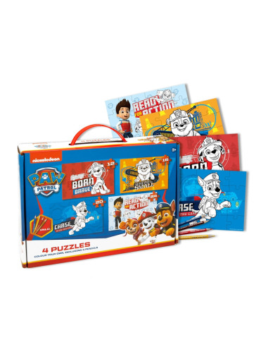 Puzzle 4 in 1 de colorat + 4 creioane, Paw Patrol -