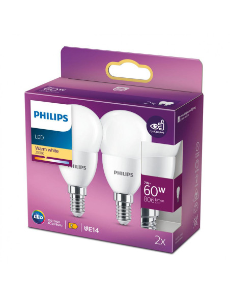 2 Becuri LED Philips P48, EyeComfort, E14, 7W (60W), 806 lm