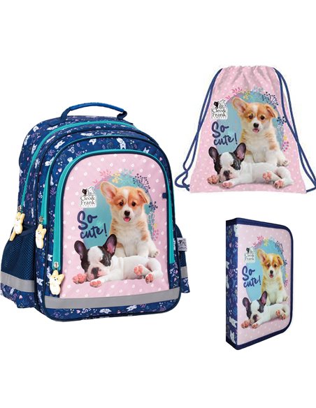 Set scoala Cleo & Frank 34 - Ghiozdan scoala, Penar neechipat cu 1 fermoar si Sac incaltaminte