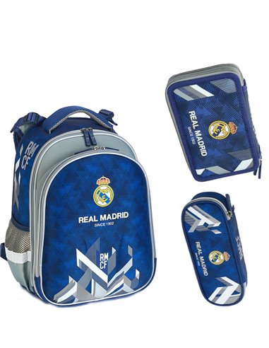 Set scoala Real Madrid 8 - Ghiozdan ergonomic, Penar neechipat 2 compartimente si Penar etui