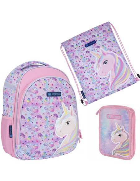 Set Scoala Unicorn - Ghiozdan ergonomic, Penar Neechipat cu 2 fermoare si Sac incaltaminte
