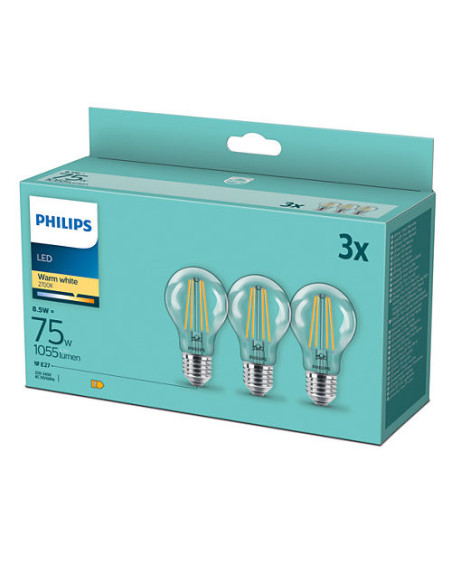 SET 3 becuri LED Philips, soclu E27, putere 8.5W, forma clasic