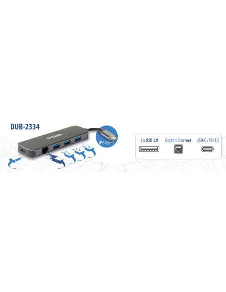 HUB extern D-LINK, porturi 3 x SuperSpeed USB 3.0, 1 x USB-C