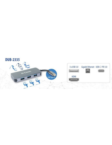 HUB extern D-LINK, porturi 3 x SuperSpeed USB 3.0, 1 x USB-C