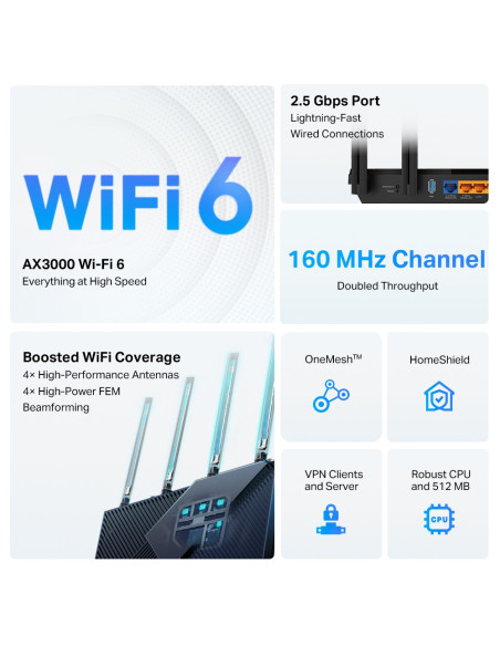 ROUTER TP-LINK wireless AX3000, 3000Mbps,1 x 2.5 Gbps WAN/LAN