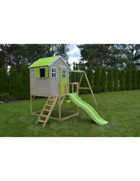 Casuta de gradina Lime Lodge cu platforma, tobogan si leagan