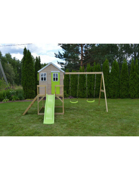 Casuta de gradina Lime Lodge cu platforma, tobogan si leagan