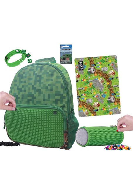 Set scoala PIXIE -  Ghiozdan, Penar etui, Planseta plastelina, Bratara, 4 rezerve pixie, Motiv Minecraft 3