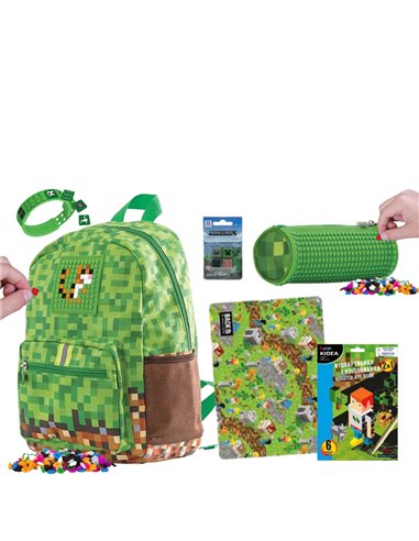 Set gradinita PIXIE - Ghiozdan, Penar etui, Carte 2 in 1, Planseta plastelina, Bratara, 4 rezerve, Motiv Minecraft 2