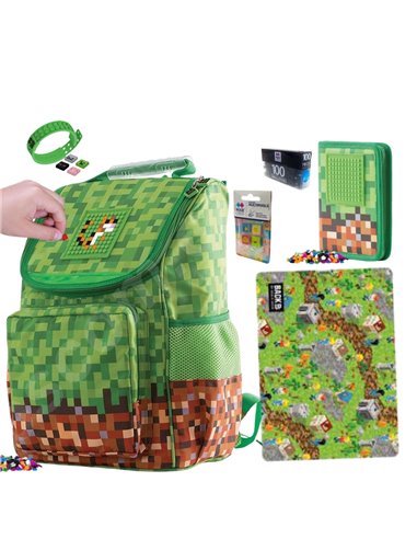 Set scoala PIXIE- Ghiozdan, Penar 1 fermoar, Planseta plastelina, Bratara, 4 rezerve, Motiv Minecraft 7 