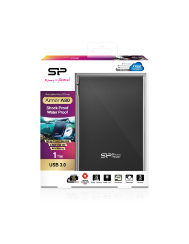 HDD extern portabil Silicon Power Armor A80 1TB Anti-shock water proof USB 3.1 Gen1 negru "SP010TBPHDA80S3K" (include TV 0.8lei)