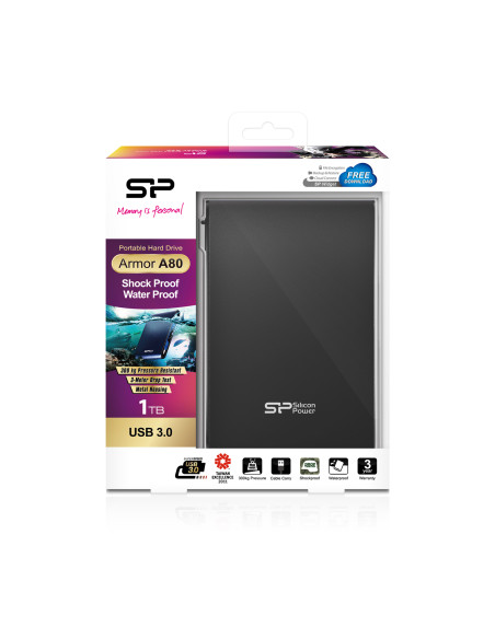 HDD extern portabil Silicon Power Armor A80 1TB Anti-shock water proof USB 3.1 Gen1 negru "SP010TBPHDA80S3K" (include TV 0.8lei)