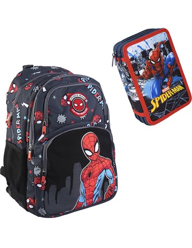 Set scoala Spiderman - Ghiozdan si Penar Echipat cu 3 fermoare