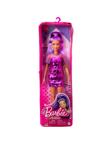 Papusa Barbie Fashionista Cu Par Mov Cu Rochie Cu Umeri