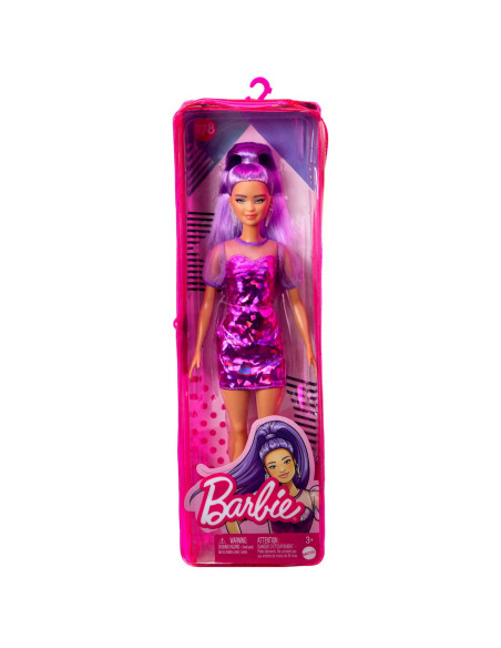 Papusa Barbie Fashionista Cu Par Mov Cu Rochie Cu Umeri
