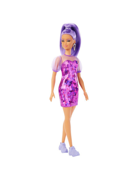 Papusa Barbie Fashionista Cu Par Mov Cu Rochie Cu Umeri