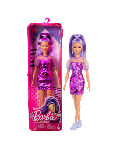 Papusa Barbie Fashionista Cu Par Mov Cu Rochie Cu Umeri
