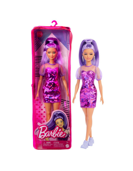 Papusa Barbie Fashionista Cu Par Mov Cu Rochie Cu Umeri