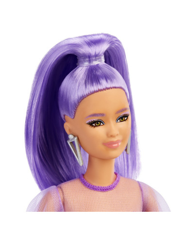 Papusa Barbie Fashionista Cu Par Mov Cu Rochie Cu Umeri