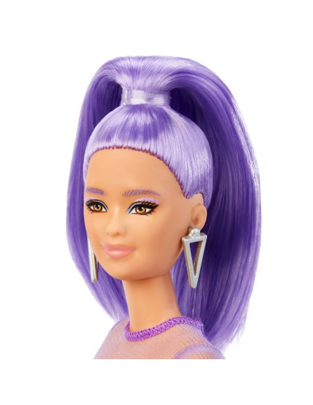 Papusa Barbie Fashionista Cu Par Mov Cu Rochie Cu Umeri