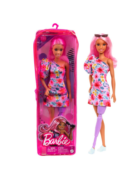 Papusa Barbie Fashionista Cu Par Roz Si Picior