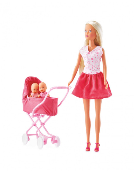 Papusa Steffi Fusta Roz Cu Carucior Si Gemeni,105738060_FustaRoz