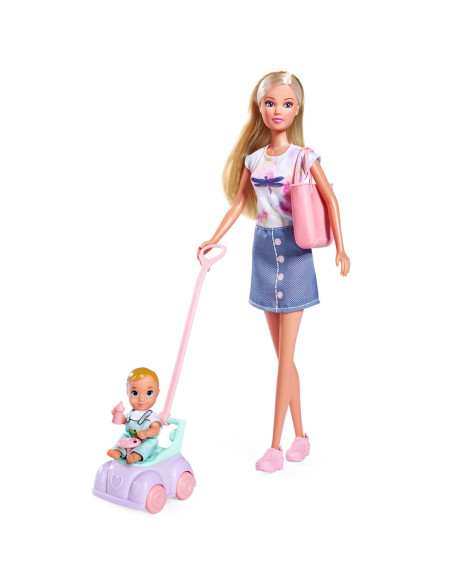 Papusa Simba Steffi Love Baby Car 29 cm cu figurina si