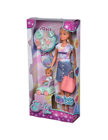 Papusa Simba Steffi Love Baby Car 29 cm cu figurina si