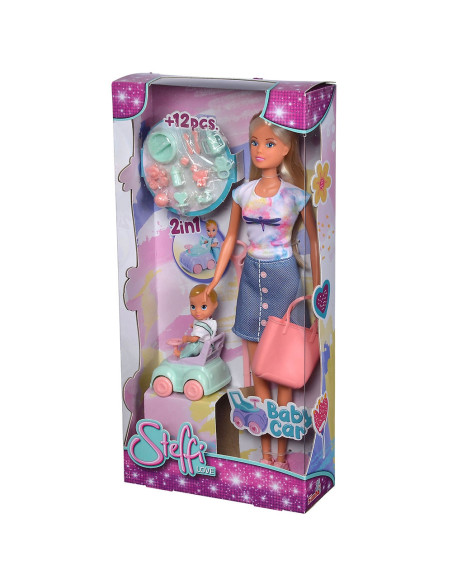 Papusa Simba Steffi Love Baby Car 29 cm cu figurina si