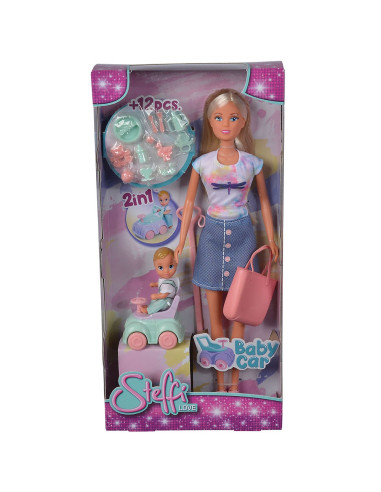 Papusa Simba Steffi Love Baby Car 29 cm cu figurina si