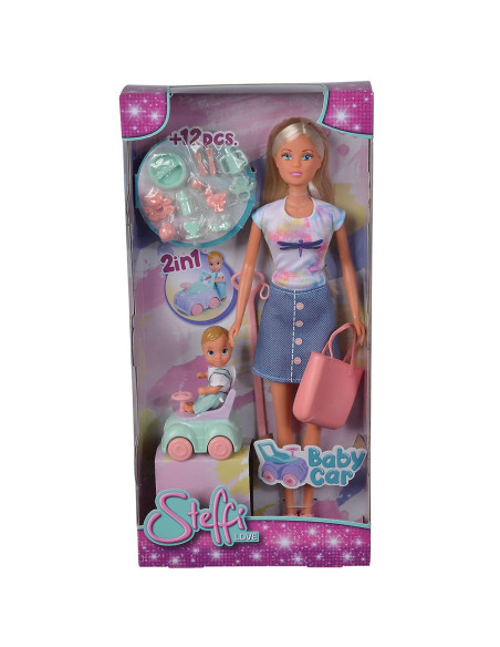 Papusa Simba Steffi Love Baby Car 29 cm cu figurina si