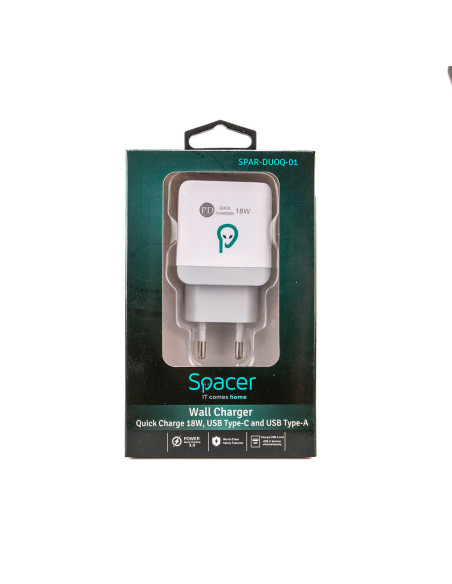INCARCATOR retea SPACER Quick Charge 18W, USB Type-C PD+ USB