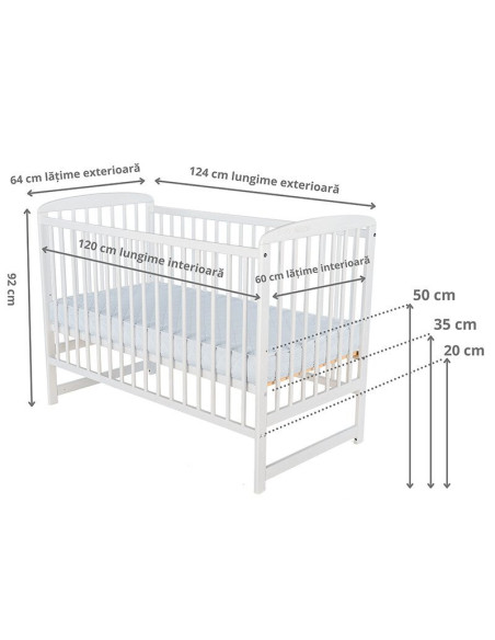 BN-BOOLA01AL,Babyneeds - Patut din lemn Ola 120x60 cm, Din lemn de pin, Stabil si rezistent, Inaltime saltea reglabila pe 3 nive