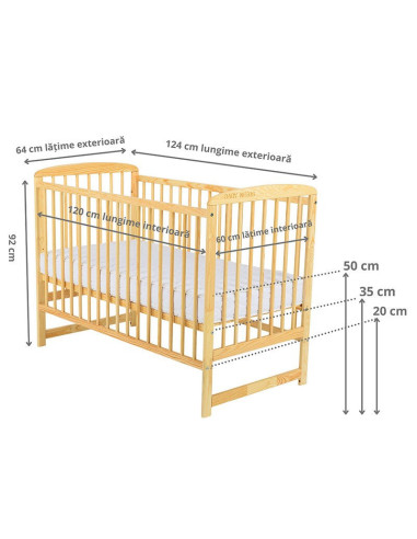 BN-BOOLA01NT,Babyneeds - Patut din lemn Ola 120x60 cm, Din lemn de pin, Stabil si rezistent, Inaltime saltea reglabila pe 3 nive