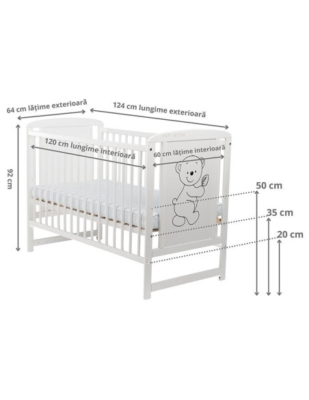 BN-BOTIM10CM01AL,BabyNeeds - Patut din lemn Timmi 120x60 cm, Din lemn de pin si mdf, Stabil si rezistent, Inaltime saltea reglab