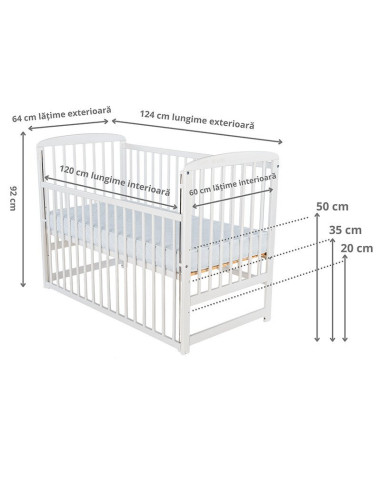 BN-BOOLA03AL,BabyNeeds - Patut din lemn Ola 120x60 cm, Cu laterala culisanta, Din lemn de pin, Stabil si rezistent, Inaltime sal