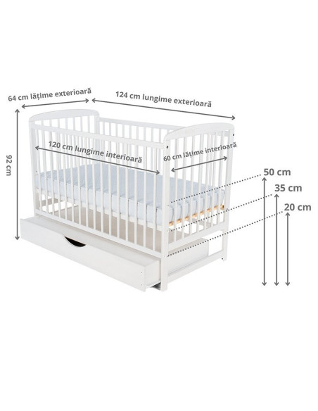 BN-BOOLA02AL,BabyNeeds - Patut din lemn Ola 120x60 cm, Cu sertar cu capac, Din lemn de pin si mdf, Stabil si rezistent, Inaltime