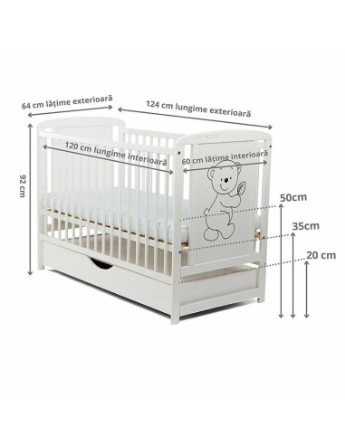 BN-BOTIM02AL,Babyneeds - Patut din lemn Timmi 120x60 cm, Cu sertar cu capac, Din lemn de pin si mdf, Stabil si rezistent, Inalti