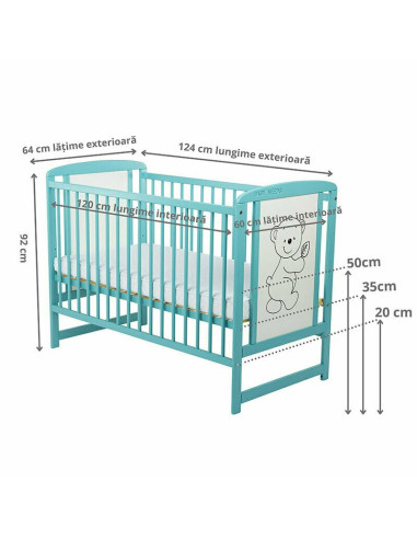 BN-BOTIM03MIN,BabyNeeds - Patut din lemn Timmi 120x60 cm, Cu laterala culisanta, Din lemn de pin si mdf, Stabil si rezistent, In
