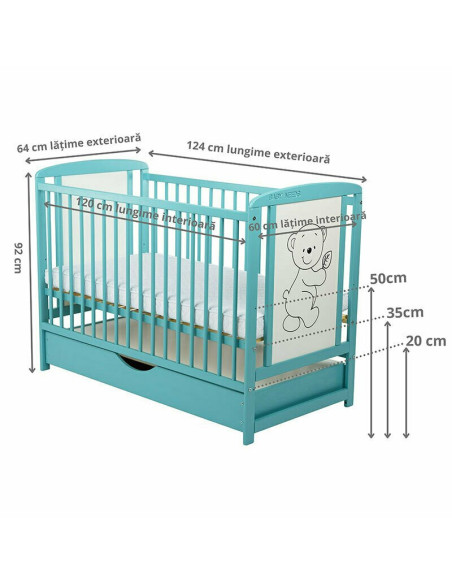 BN-BOTIM10CM02MIN,BabyNeeds - Patut din lemn Timmi 120x60 cm, Cu sertar cu capac, Din lemn de pin si mdf, Stabil si rezistent, I