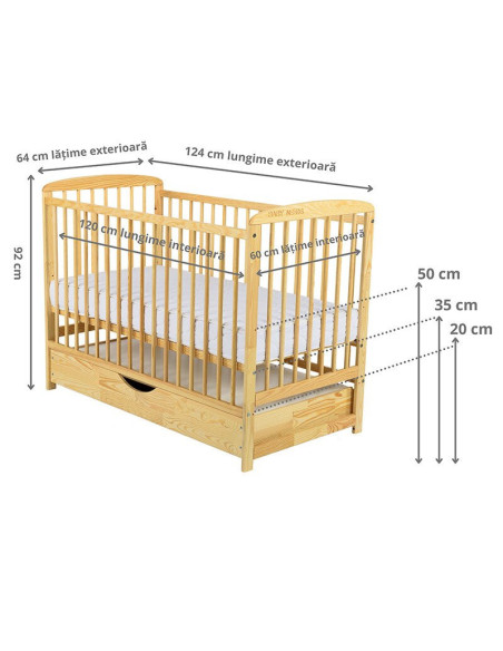 BN-BOOLA02NT,BabyNeeds - Patut din lemn Ola 120x60 cm, Cu sertar cu capac, Din lemn de pin si mdf, Stabil si rezistent, Inaltime