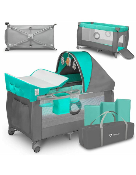 BN-LO-SvenPlus_Tq/Grey,Lionelo - Patut pliant cu doua nivele Sven Plus, 120x60 cm, arcada jucarii, masuta de infasat, vibratii, 
